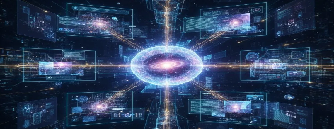 Futuristic AI network with luminous central sphere surrounded by holographic screens connected by golden light beams.