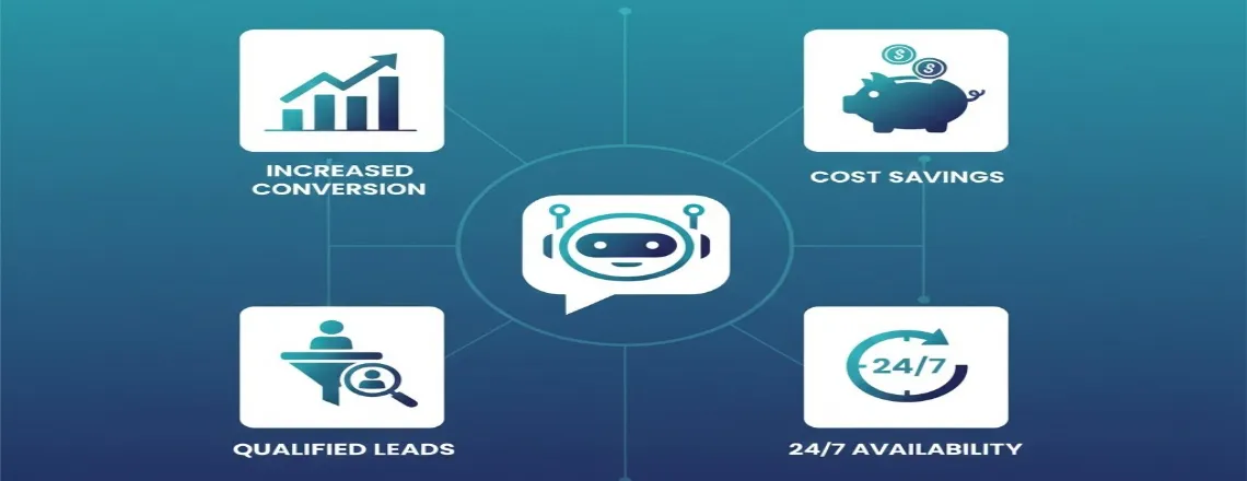 Infographic showing benefits of chatbot marketing: increased conversion rates, cost savings, lead qualification, and 24/7 availability