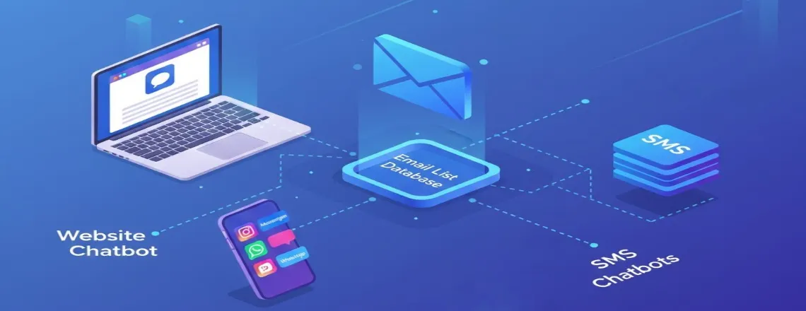 Isometric view of multiple devices showing chatbot deployments on website, mobile messaging apps, and SMS connected to central email database