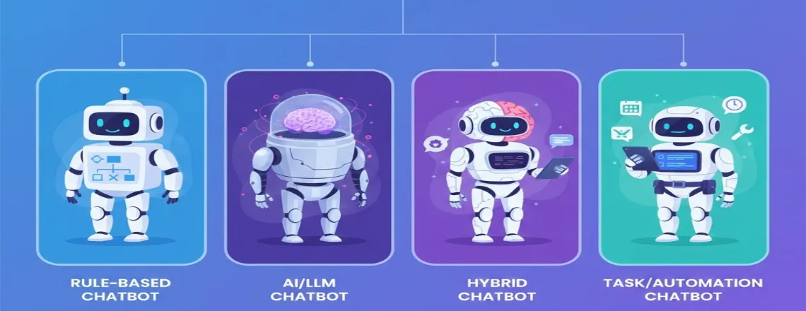 Four types of marketing chatbots: rule-based bots, AI chatbots, hybrid bots, and task automation bots