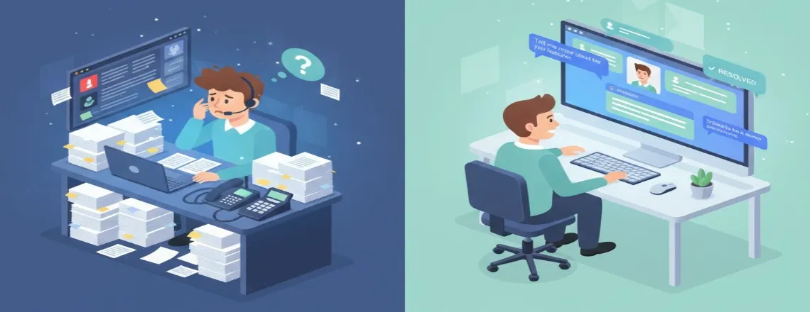 Before and after comparison showing customer service transformation with AI chatbot reducing ticket volume and improving agent efficiency