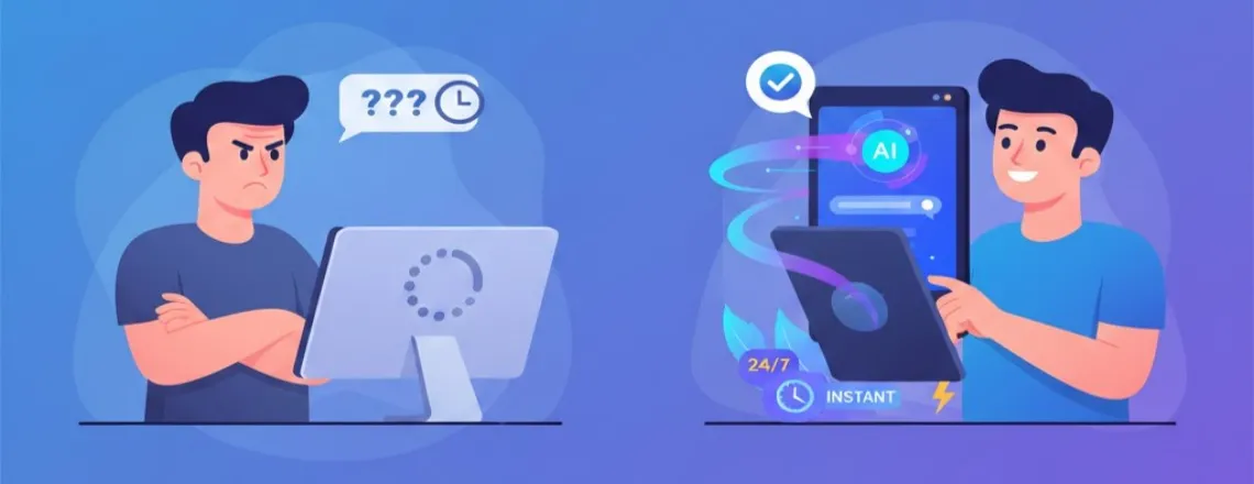 Comparison of traditional customer service wait times versus instant AI chatbot responses with 24/7 availability